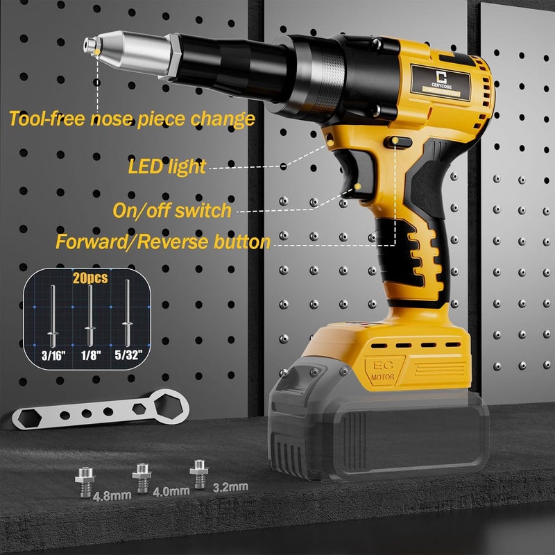 Cerycose Rivet Gun Compatible with Dewalt 20V Battery, Cordless Rivet Tool with 3 Size (1/8", 5/32", 3/16") Aluminum Rivets, Brushless Motor Rivet Gun Kit Nose Piece, No Battery - Image 4